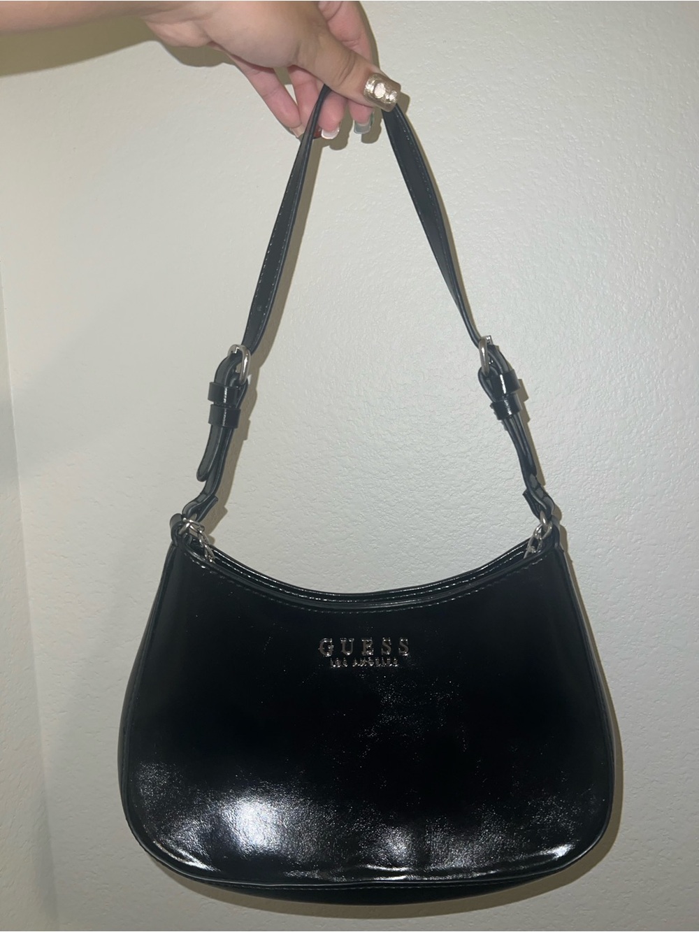 GUESS Black Patent Hobo Shoulder Bag